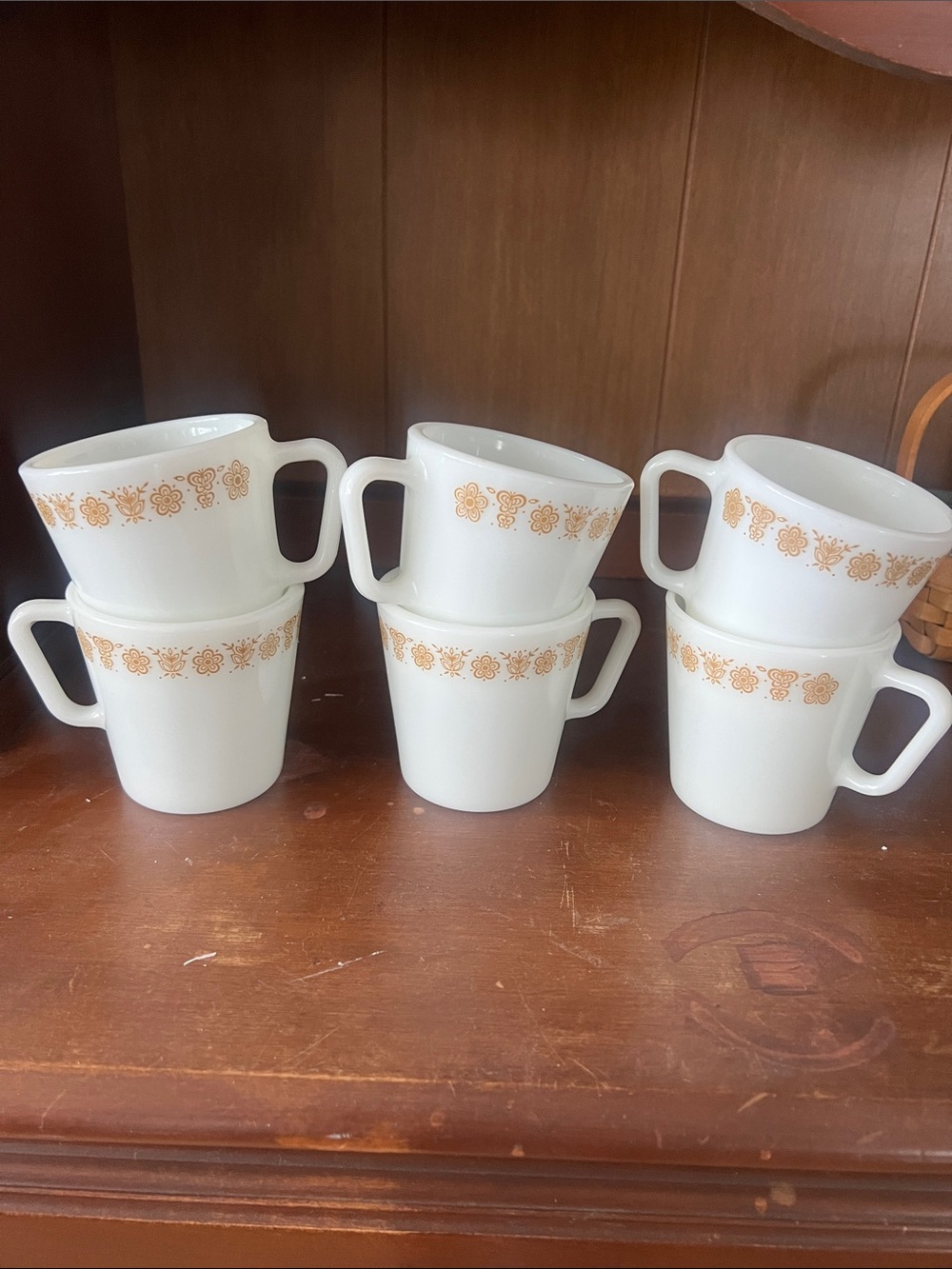 Pryex White Milk Glass Mugs with Orange Floral Band - Set of 6